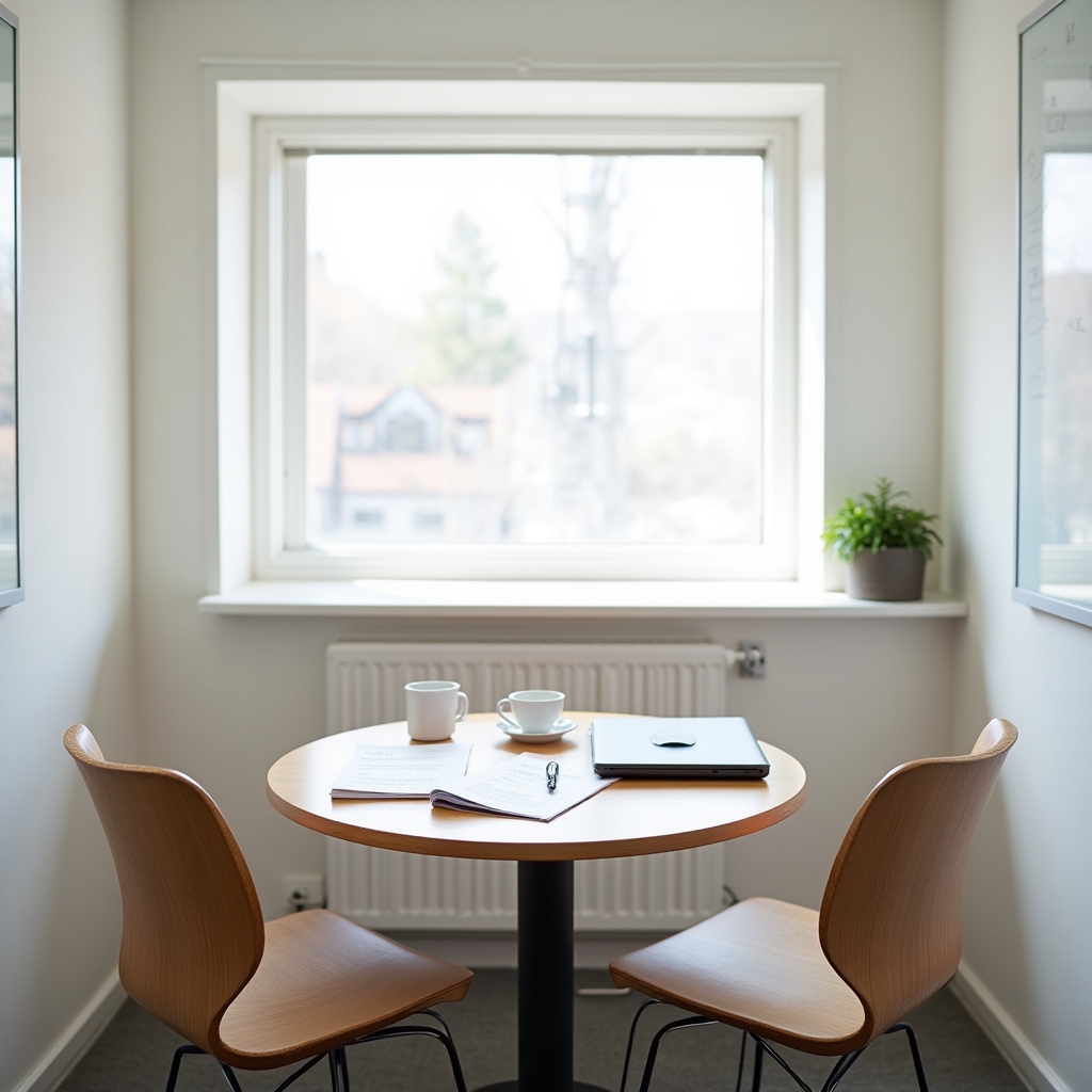 Helles Besprechungszimmer mit Whiteboard und Notizbüchern für Beratungsgespräche