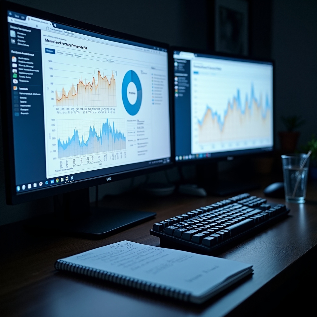 Dual-Monitor-Setup für Datenanalyse mit Diagrammen und E-Commerce-Dashboards