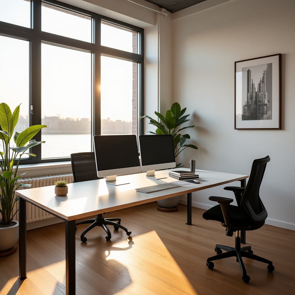 Moderner Arbeitsplatz in Hamburg mit Blick auf die Elbe und aufgeräumtem Schreibtisch